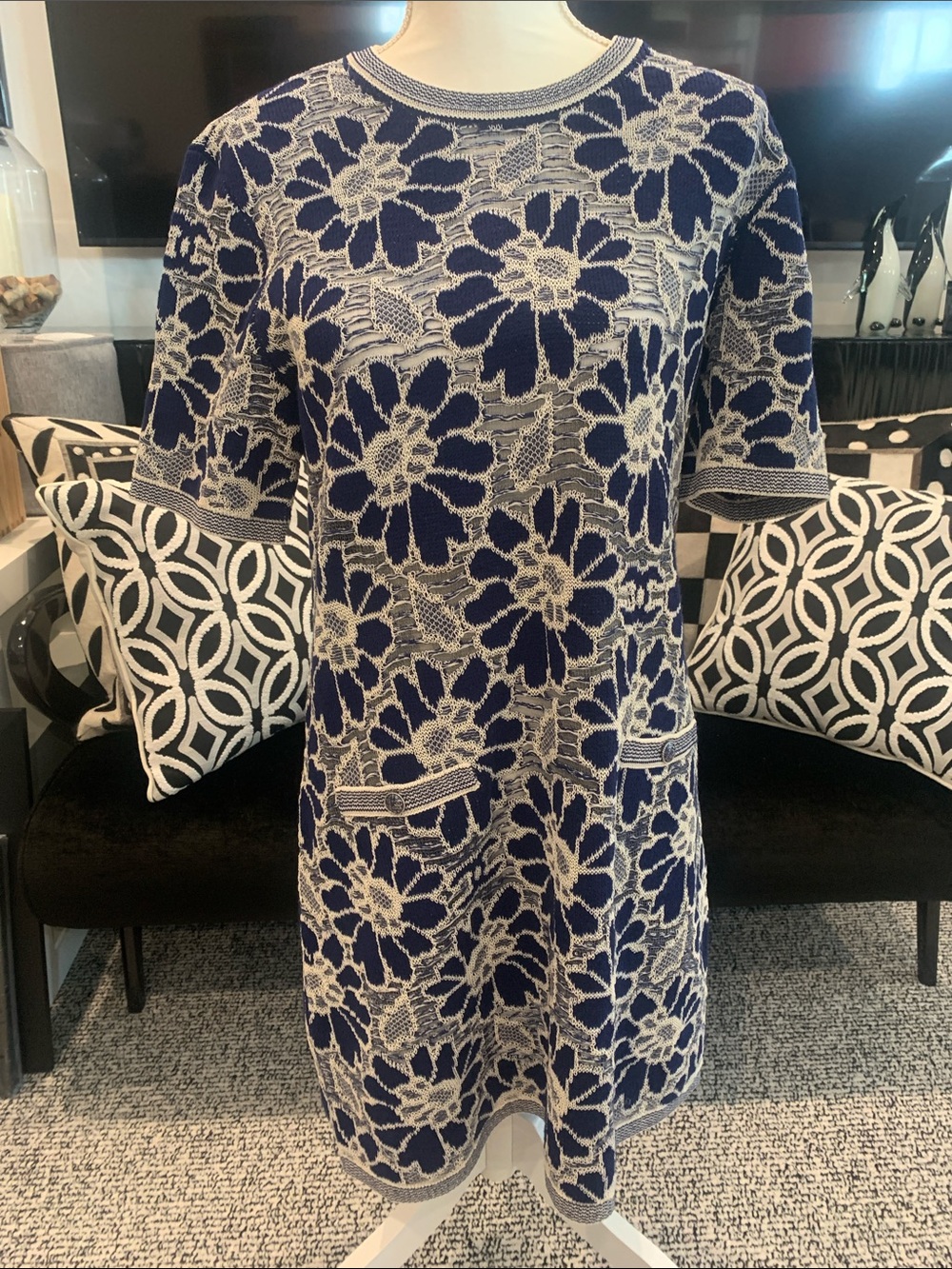 CHANEL Navy Floral Knit Dress with Ivory Slip -  size 42.  Worn once. GORGEOUS!
